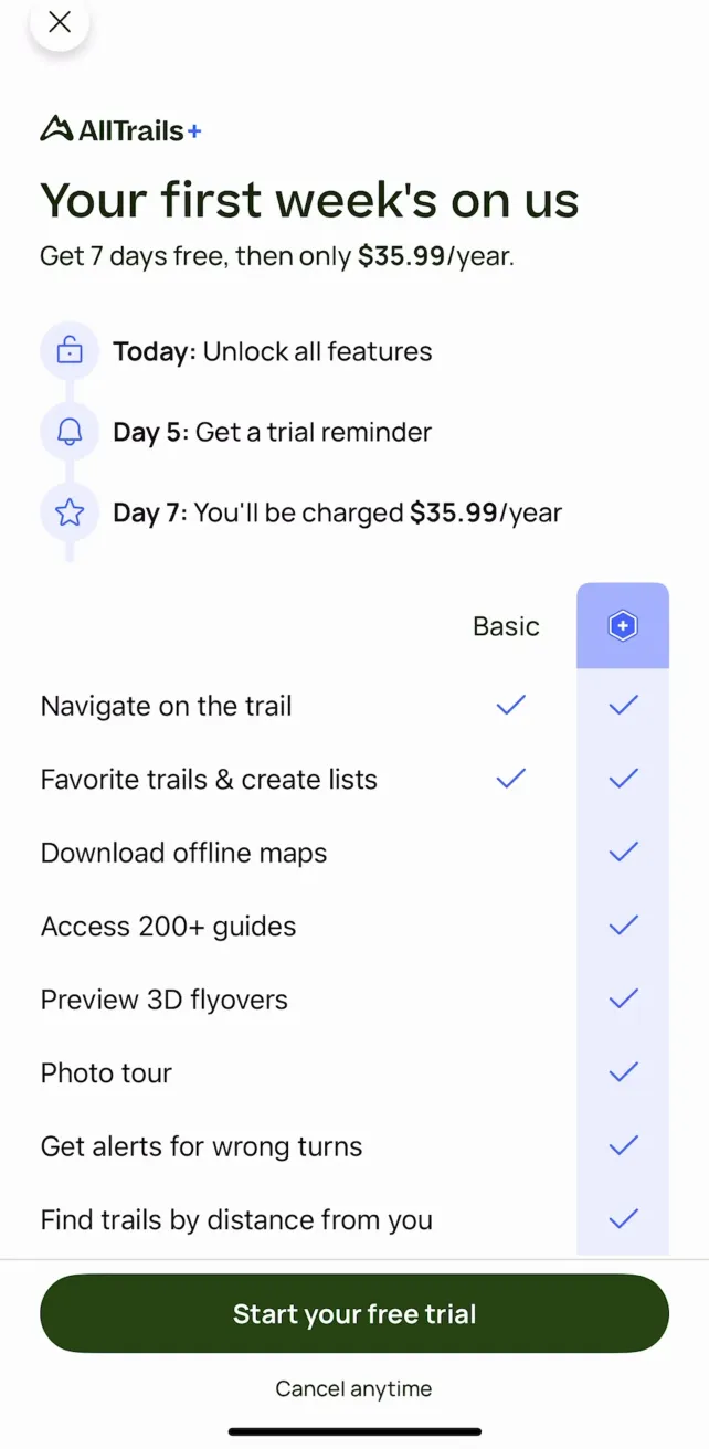 AllTrails: Hike, Bike & Run Account Onboarding & Subscription, screen 1