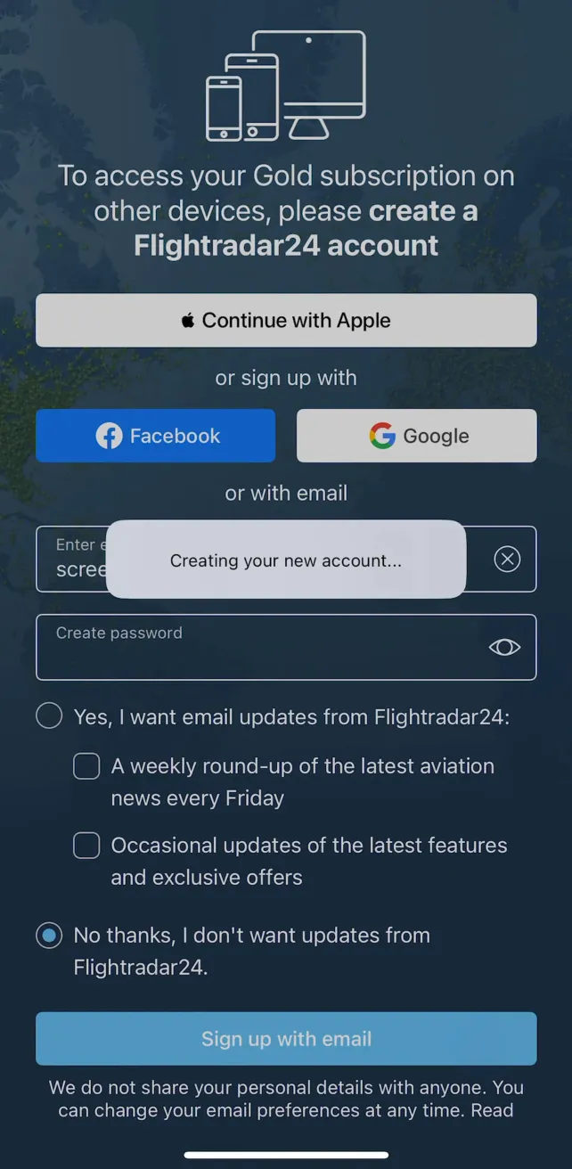 Flightradar24 | Flight Tracker Creating an Account, screen 2