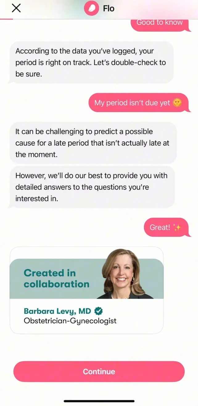 Flo Cycle & Period Tracker Using the Health Assistant Chatbot, screen 1