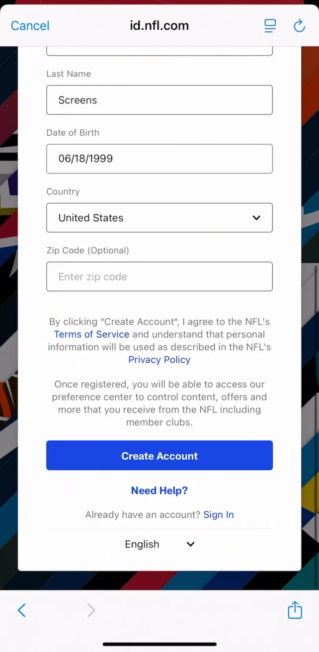 NFL Account Creation & Setup, screen 2