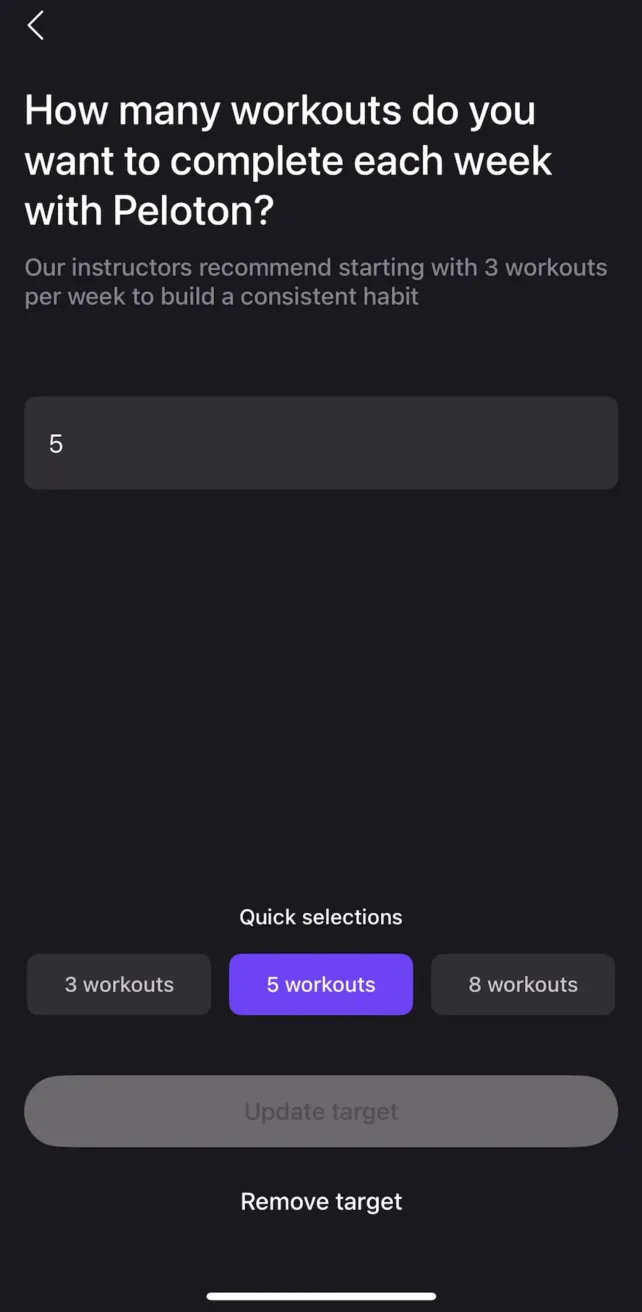 Peloton: Fitness & Workouts Set Goal, screen 1
