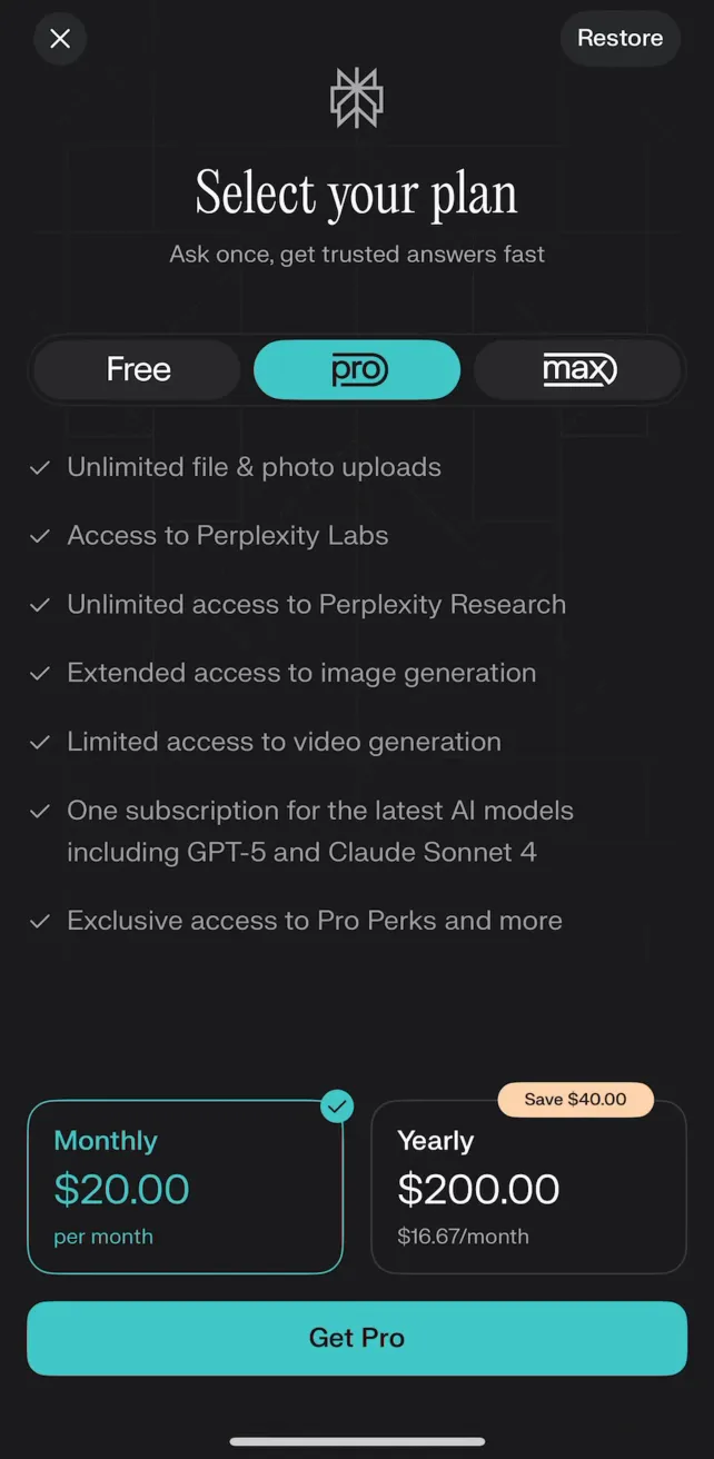 Perplexity - AI Search & Chat Browsing Subscription Plans, screen 1