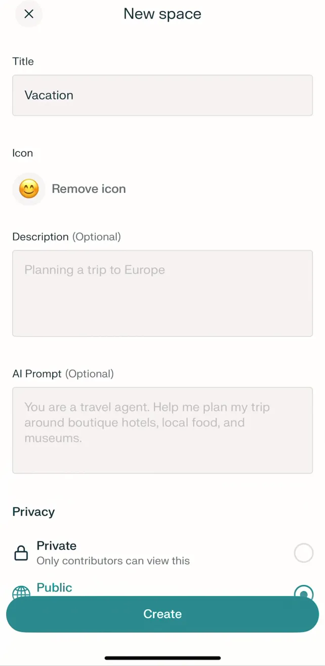 Perplexity - AI Search & Chat Create a Space, screen 1