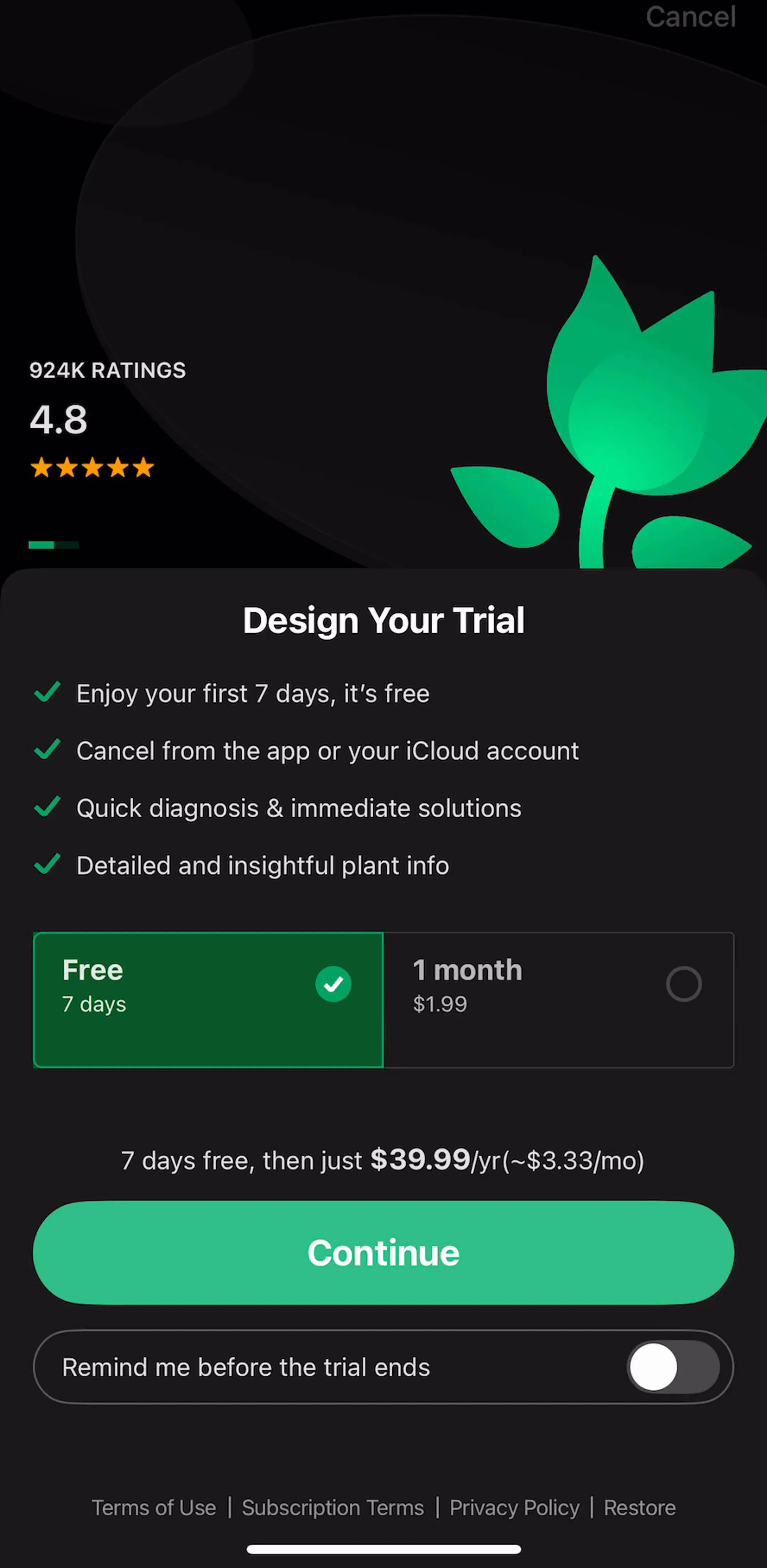 PictureThis - Plant Identifier Onboarding and Subscribing screen