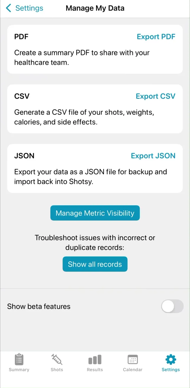 Shotsy GLP-1 Tracker Managing Data and Notifications, screen 1