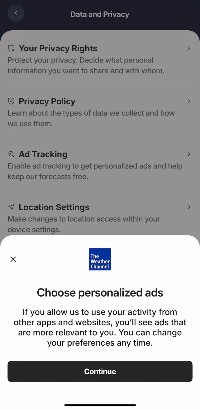 The Weather Channel - Radar Manage Privacy & Data, screen 1